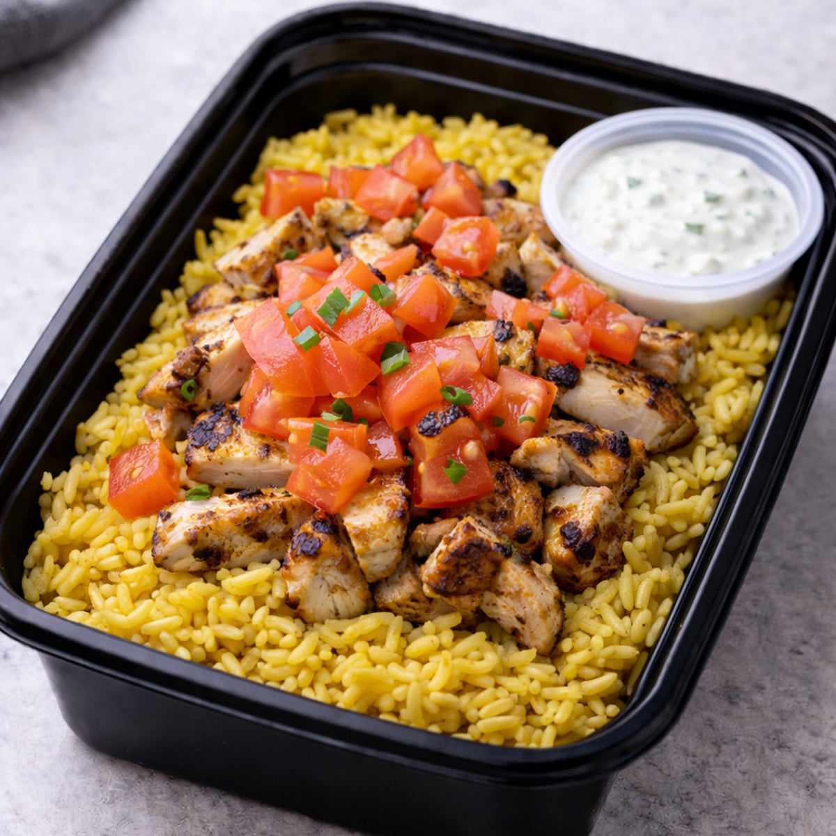 Greek Chicken, Yellow Rice, Tzatziki Sauce